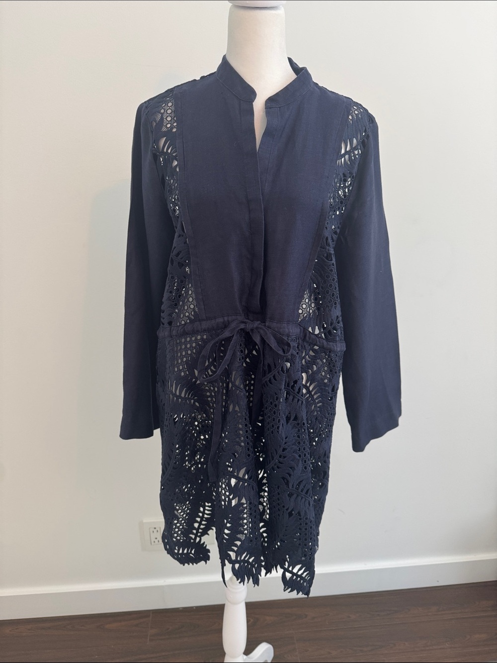Zara Navy embroidered long linen shirt